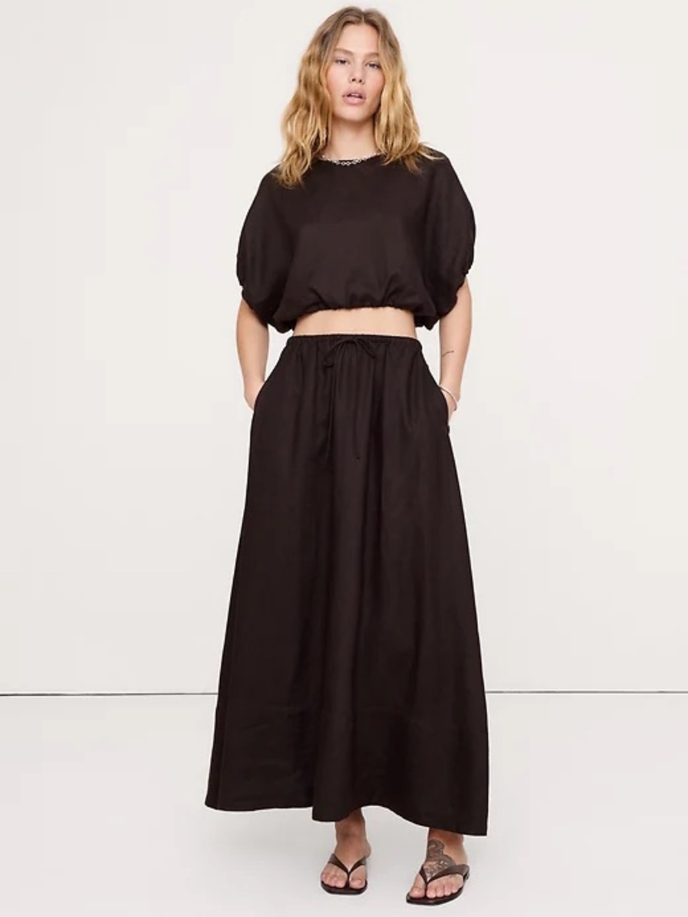 NWT! BANANA REPUBLIC GANACHE BROWN LINEN DRAWSTRING MAXI SKIRT - LARGE 🌅4️⃣ - Picture 2 of 6
